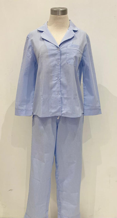 Blue/White Satin Stripe Cotton Pajamas Long Sleeve