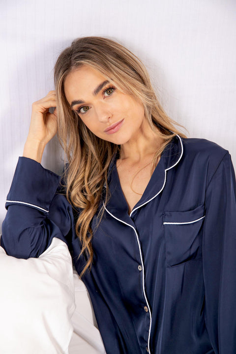 Womens Long Satin PJ's with Piping Navy
