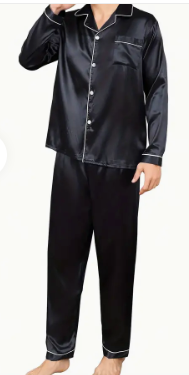 Mens Silky Satin PJ's Black/White Piping