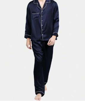 Mens Silky Satin PJ's Navy/White Piping