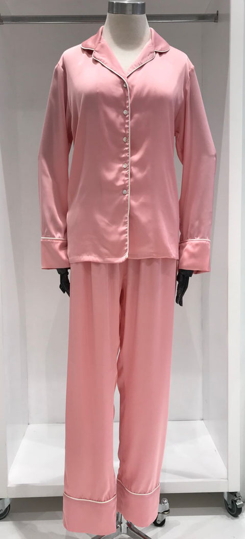 Silky Satin PJ's Pink with Ivory Piping