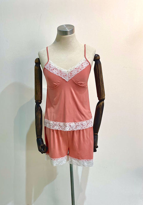 Cami Set Bamboo Cotton with Lace Cinnamon