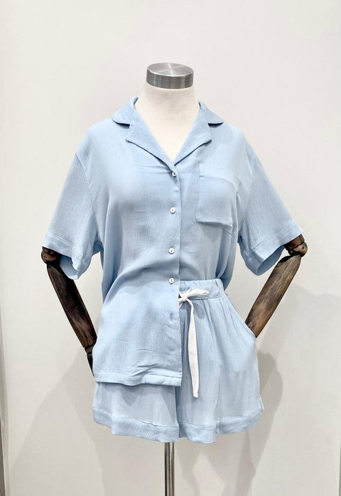 Plain Viscose Cringled Pjs Blue